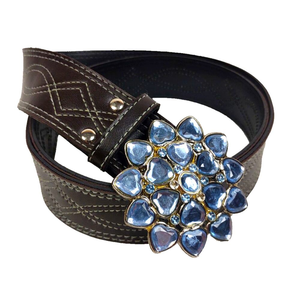 Women's Faux Leather Brown Belt w Silver Blue Rhinestone Buckle Size 16